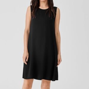 Eileen Fisher Silk Georgette Crepe Sleeveless Black Midi Dress L